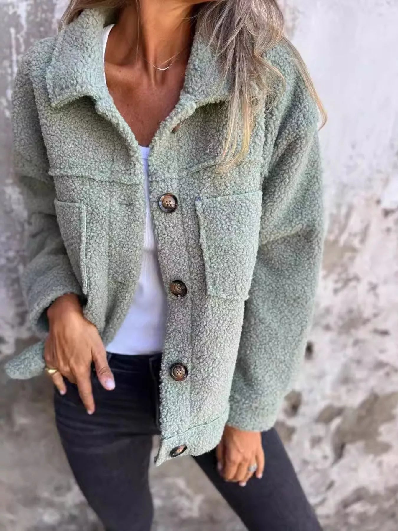 Full size single-breasted sherpa shacket for plus-size women. Soft, warm, and stylish for everyday wear.