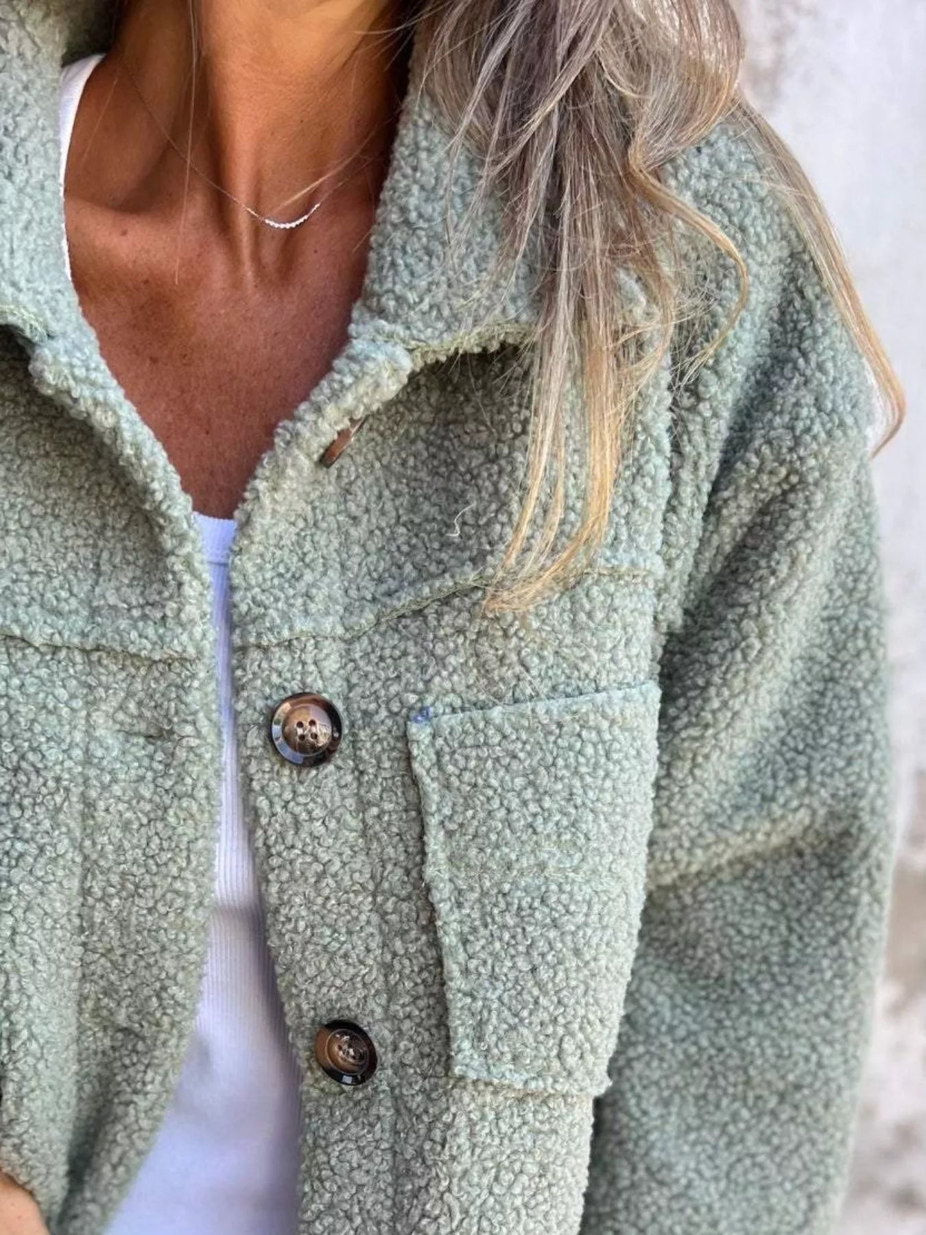 Full size single-breasted sherpa shacket for plus-size women. Soft, warm, and stylish for everyday wear.