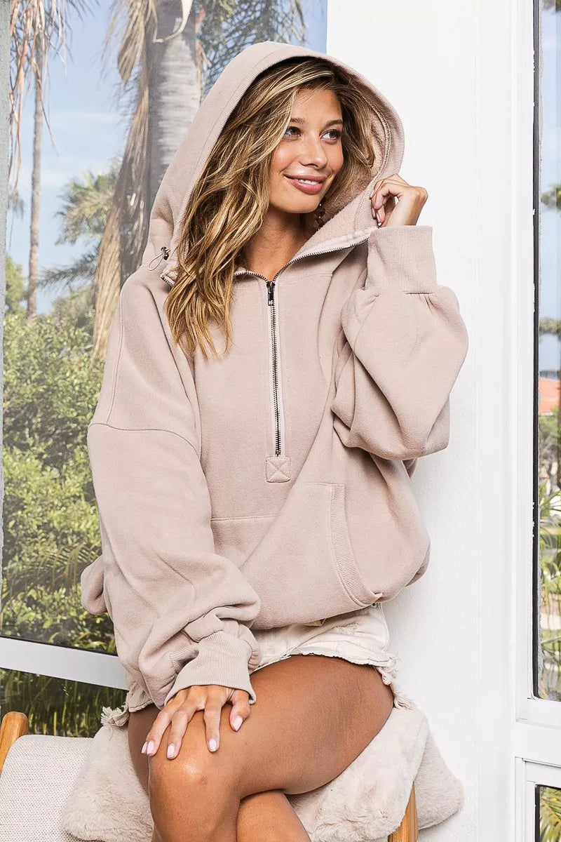 Opolay BiBi Stitch Detailed Elastic Hem Half Zip Fleece Hoodie |  New arrival women fashion