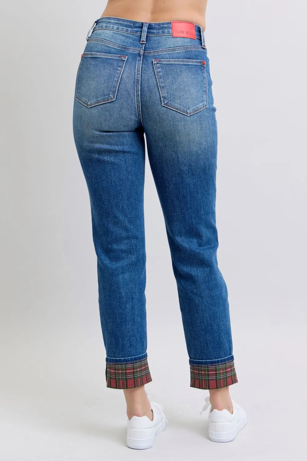 Judy Blue plaid cuff jeans with pockets. Full size straight leg denim for women. Trendy, comfy, and perfect for everyday wear.
